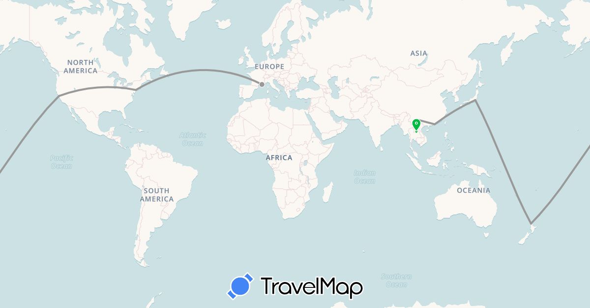 TravelMap itinerary: driving, bus, plane in China, France, Hong Kong, Japan, Laos, New Zealand, United States (Asia, Europe, North America, Oceania)